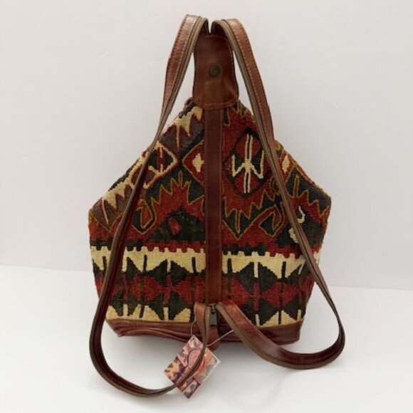 Yun Art Vintage Kilim Wool Carpet Sling Backpack Leather Trim Tribal Boho - Picture 2 of 11